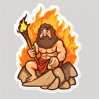 Sticker Clip Art of Hephaestus forging, Volcano, God Smith, ancient greece, children friendly, illustrated in a playful style with a friendly expression, perfect for any special occasion, cut out in the shape of Hephaestus and his Forge, Fire, with no visible background, giving it the appearance of a high quality sticker, conveying a mystical and whimsical mood, edited with Adobe Photoshop to adjust brightness and contrast, rendered as a transparent PNG file with a high resolution to ensure a cr