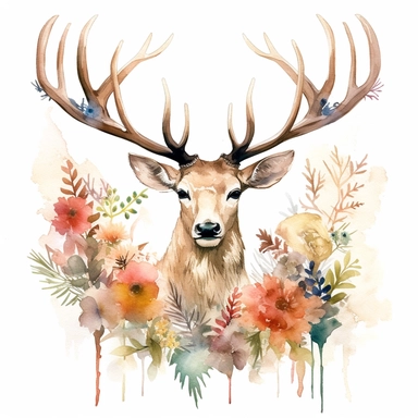 a whimsical watercolor clipart image with a white background and earthy colors, featuring a cute elk standing among a forest of tall trees, its majestic antlers adorned with colorful flowers. The ultra-detailed, hand-drawn elements capture the gentle and majestic nature of the elk. Use shades of brown, green, and orange to create a visually captivating and serene image that conveys the beauty and grace of the elk in its natural habitat.