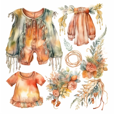 *Design a watercolor clipart featuring bohemian-style baby cloth such as flowy dress, romper, and fringed vest. Use earthy tones and delicate lines to capture the free-spirited vibe, white background