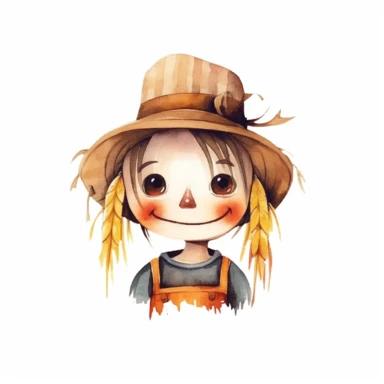 cute scarecrow face, minimilist illustration, kid friendly, clip art, gouache painting, home decor, white background