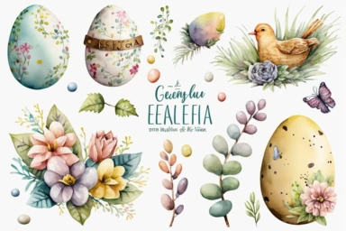 easter items clipart set isolated on white. Watercolor easter concept illustration set. Easter themed design on a white background, watercolor, hyperrealism, high detail, separate elements, set