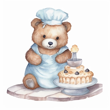 adorable light blue teddy bear baker, hand painted, watercolor, clipart, white background,