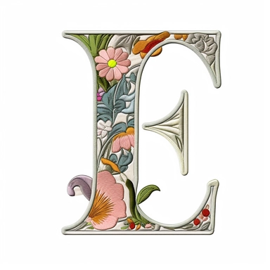 Floral Machine Embroidery, detailed illustration, clipart, white background, letter E