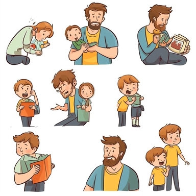 Please create a series of Father's Day cliparts that showcase various bonding moments between fathers and their children. These moments can include but are not limited to: Fathers hugging their children. Fathers playing different games with their kids, such as catch, video games, board games, etc. Fathers reading bedtime stories to their children. Fathers teaching their children to ride a bike. Fathers and children cooking or baking together. Fathers and children going on a nature walk or fishin