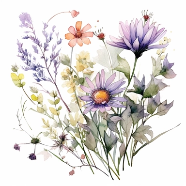 Watercolour sketch, wild flowers, leaves, flowers, petals, floating, clipart, white background, separate elements of wildflowers, pastel palette, washed out colour, pale colours, naturecore, bloomcore