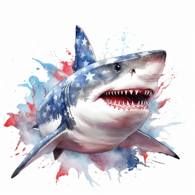 Great white shark, patriotic pattern,stars and stripes, red, white, blue, watercolor style, hyper-realistic animal illustrations, 2d game art, quadratura, clipart, on white background,
