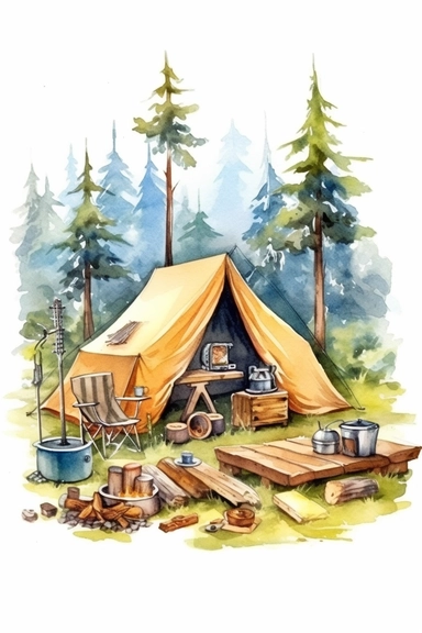 create a hand drawn watercolor clipart featuring fully set up campsite with tents, campfires, camping gear, and people engaged in camping activities like cooking or relaxing, 4k,