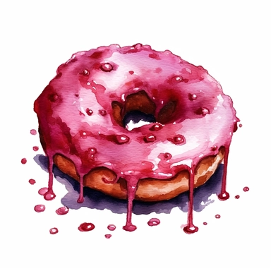 a raspberry powder Donut in the style of watercolour clipart with detailed brush strokes