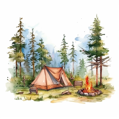 camping in the woods, white background, clip art, watercolor style--q2--v5.1--s1000