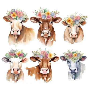 Watercolor 10 Floral Cows Baby Clipart, Cute Baby Cows, Farm Animals Clipart,Watercolor Cows with Floral on their heads, Free-cut on an all-white background, no shadows, primary colors, maximum contrasts, no typography