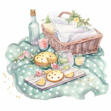 watercolor, hyper realistic, white background, white margins, 16k, ultra detailed clipart, cut out image, hand-drawn, whimsical a large picnic blanket with a charming polka dot pattern, perfect for a retro-inspired picnic. Soft mint green, dusty rose, and pale yellow