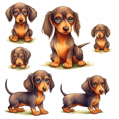 Cute dark brown baby Dachshund clipart set,8k,realistic skin, digital painting, happy expression, running pose, FLUFFY FUR,side view, in the style of watercolor cartoon clipart, high resolution, composition free space, vibrant color scheme, watercolour clipart,isolated white background, clipart most popular on etsy, book illustration, featured on dribble,print on demand image, PNG tranparent background,composition medium shot, no text