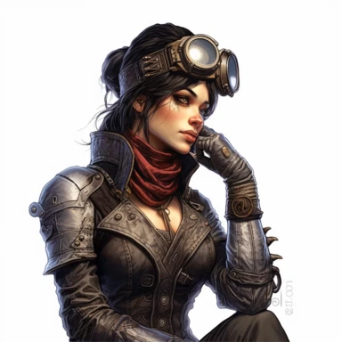 Solid white background. Waist-up portrayal of a steampunk lady, her contemplative gaze and gentle smile reflecting. Her skin and raven-black hair enhance her bronze and silver outfit, showcasing a fine blend of Victorian elegance and steampunk industrial design. A pair of steampunk goggles resting on her head takes the place of a hat. No steampunk elements are depicted in the background. Pastel clipart, hyper-realistic, retro-futurism, solid white backgroun