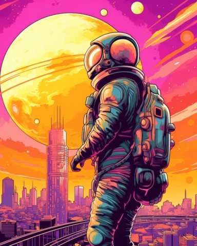 vector Artwork for t-shirt graphic of majestic vibrant color magnificent astronaut with planets and solar system in the Back with a starting Rocket from the ground add a vibrant sun setting over a futuristic City, with a soft pink sky and a hint of orange in the horizon colorful shades Centered highly detailed clean photorealistic masterpiece, professional photography, realistic, isometric, vibrant vector, clipart, illustration, realism, 4k, surrealism, cinematic, front view, isolated on a white