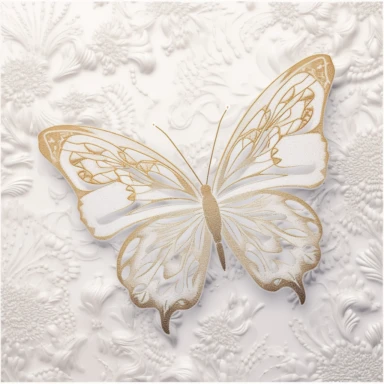 clipart, a butterfly on top of a floral patterned background, solid white background, white edge, minimalist background, in the style of ethereal illustrations, mende art, kimoicore, romantic emotivity, rich and immersive, soft color, wedding theme, expensive, double tone effect, white and gold, light gold and silver, wedding theme