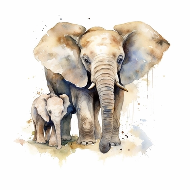 Watercolor relaistic animals, cute baby elephant with father clipart, white background, no caption, no text