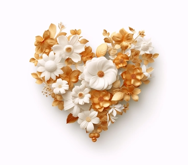 a thin gold heart shape with the outside covered with some minimalist flowers, clipart on white background