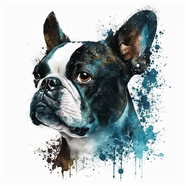 the Boston Terrier is painted beautifully with watercolor splashes, in the style of light azure and dark amber, uhd image, avacadopunk, ferrania p30, elegant, emotive faces, high resolution, symmetrical, white background, no overflow, clipart