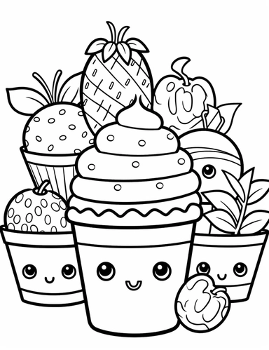 Kawaii Candy with delightful designs and flavors, like blueberry, chocolate chip, and banana For Simple Coloring page,line art, thick lines, black and white,clipart, illustration, on white background,margin Page 10px