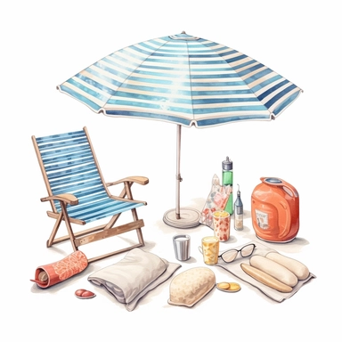 watercolor, hyper realistic, white background, white margins, 16k, ultra detailed clipart, cut out image, hand-drawn, whimsical manhwa style, ultra HD, sharp and clean art a surfboard, beach towel, seashells, sunglasses, beach umbrella, and a tropical drink on beach