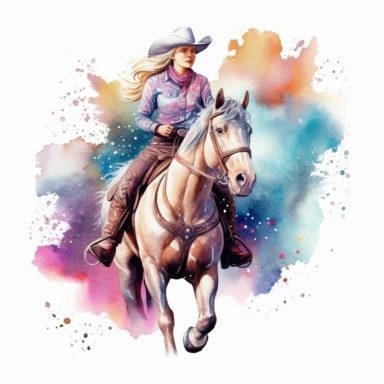Cowgirl riding a horse illustration, nebular mix background, clipart, photorealistic illustration, watercolor, high detail, 8k polished, 8k, vibrant colors, sticker, majestic, die cut, white background