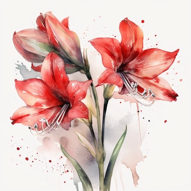 watercolor illustration of Amaryllis flowers, watercolor clipart, watercolor splashes, spring boho vibes, 4k uhd, realistic floral portrait, white background