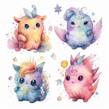 watercolor clipart of 5 cute little fantasy creatures with different features and from different perspectives, vibrant pastel colors, stars, magical, mystical, high quality watercolor image on white background