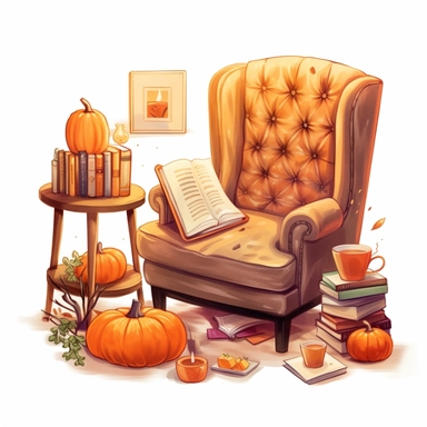 A fall setting with a cozy chair, pumpkin spice latte, books, candles and thematic assets. On white background, golden hour, pixel art , style by Lucy Fleming, watercolor, smooth gradients, black contour outline, ultra detailed, clipart elements, delicate pastel colors, solid white background, super clear, high quality