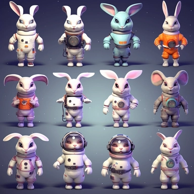 a collage of bunny astronauts in realistic clipart with no shading. I would like each design to be separate from the others, showcasing the unique characteristics of each animals astronaut suit I envision the clipart designs to be versatile and easily adaptable, suitable for a range of creative projects such as invitations, stationery, digital artwork, and more no shading