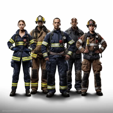 high def photograph clipart vector image with plain white background of a hyper realistic high definition photograph of different professionals standing (lawyer, firefighter, policewoman, construction worker, female pilot). extremely detailed. 35mm lens. 8k. Ultra HD.