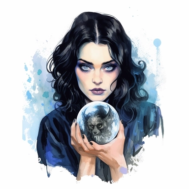 beautiful Halloween witch with black hair and blue eyes, holding a crystal ball, watercolor style, clipart image