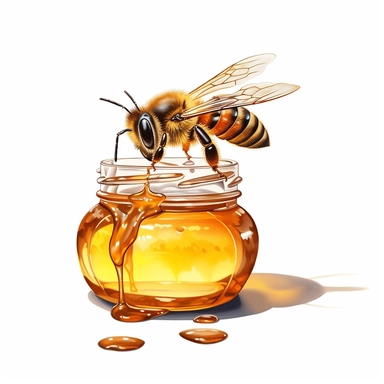 honey bee eating from beauty jar with honey realistic clipart on white backround
