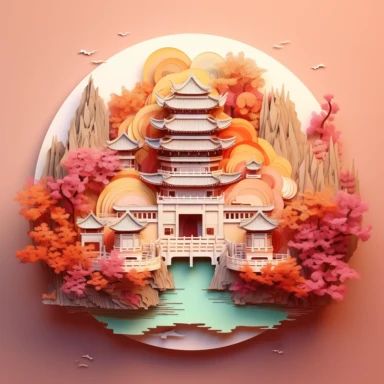 Ancient Chinese architecture landscape scenes, multidimensional paper style, fantastic gradient color, amazing works of art, multidimensional paper craft, soft colors, fisheye images, visual impact, 8 k images, art, dreamy, clipart, vision, bright color, oc rendering, 3 d relief, the figure in the face