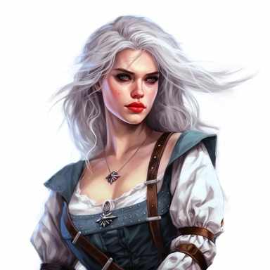 beautiful stunning pretty young woman as The witcher character, paint art style, clipart, white background, superrealistic, one of a kind