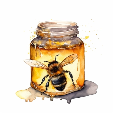 watercolor bumble bee on a jar of honey clipart