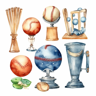 Watercolor cute little baseball trophy related items , illustrations clipart set, simple, christmas colors , cartoon elements ,different variants , championship cupseparate elements with a margin, 4k, high resolution