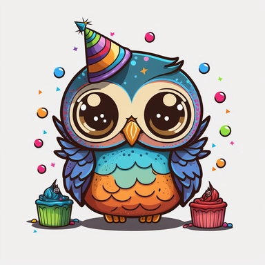 Owl kawaii birthday, cartoon, vector, sharp focus, super detailed, illustration, 16:9, v4, q2, 16k, High quality, clipart