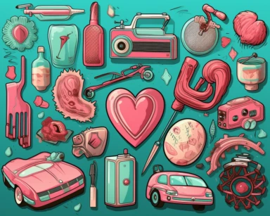 pink heart, heartbeat, cadillac, nurse and many more dxo clipart, in the style of turquoise and green, mismatched patterns, studyblr, digitally enhanced, pictorial fabrics, neon realism, medical themes