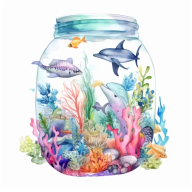 complex watercolor illustration of euphoric ocean full of marine animals, swimming around isolated in a transparent floral jar ,concept,art,8k,hd,watercolor,detailed,white backround,clipart