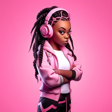 black chibi women incarnate in a 3d pink clothes, Mesmerizing gaze, pink girl dreadlock, american college fashion pink clipart, black magic girl