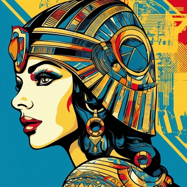 Transport yourself to a world where ancient history meets retro-futuristic aesthetics with a captivating clipart illustration of Cleopatra in a pop art style reminiscent of Fallout, set against a pristine white background. Picture Cleopatra portrayed with bold outlines, vibrant colors, and dynamic patterns, paying homage to the iconic pop art style. Infuse the composition with elements from the Fallout universe, such as references to Nuka-Cola or vintage-inspired comic book aesthetics. Utilize a