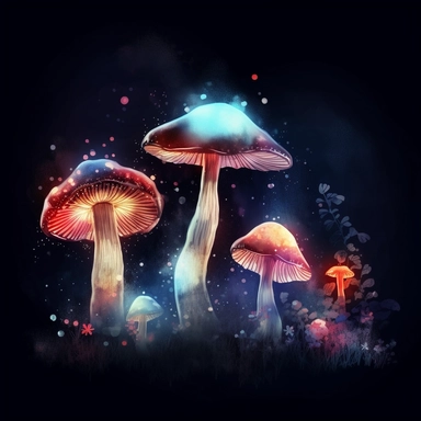 different types of fantasy mushrooms glowing in a dark forest, glowing bush, colorful fog, floating sparkles, in style of watercolor clipart, white background, high detail, 4k
