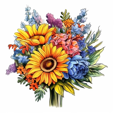 Colorful bouquet of flowers, vibrant, floral arrangement, blooming, garden, summer, clipart, white background, high quality, realistic--ar 1:1