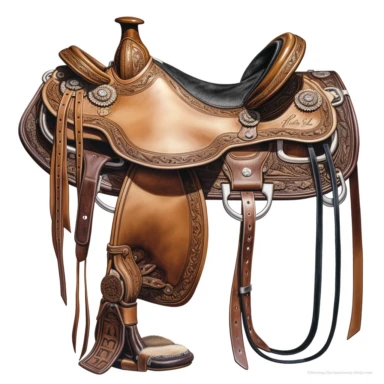 Saddle: A western saddle is a key piece of equipment for any horseback rider. These leather saddles are often adorned with intricate tooling and silver conchos, and feature a tall horn and a deep seat for a comfortable ride. A saddle in clipart can add a touch of authenticity and ruggedness. westerncore, western, watercolor, hd, detailed, clean, colorful, pure white background