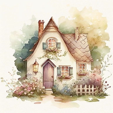 watercolor illustration, country house clipart, cute, adorable, high quality, for children, soft brush texture, soft colors, only the element on solid cream background
