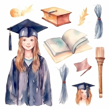Watercolor graduation ceremony related scenes, illustrations clipart set, simple, , cartoon elements, different variants, separate elements with a margin