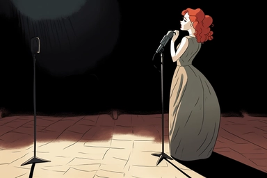 an anime clipart of an opera singer with red hair on the runway and a microphone set against the light, in the style of becky cloonan, curvaceous simplicity, creased crinkled wrinkled, charles addams, gigantic scale, extremely gendered, genderless