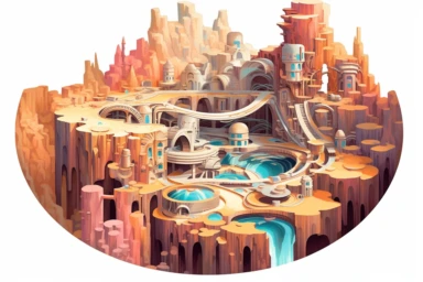 a close up of a infinite loop open pit mine on a white background, james gilleard and james jean, escher, trending on artisation, connectedness, scutoid, mit technology review, by Sam Spratt, dan mcpharlin : : ornate, wormholes, tetris, monolithic, stylized stl, clipart icon, simple 4 colors from gray to metalic blue, vector-based, sharp border, plane color and very define, high quality, digital art, 8k resolution, masterpiece, congruent, amazing, incredible, awe-inspiring, mind-blowing, masterf