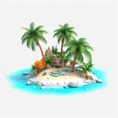 3d island paradise beach clipart in animation style, in solid white background, summer tropical, vacation, leisure, bright color, high resolution, 8K,