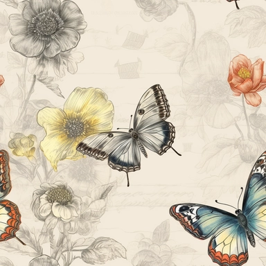 vintage butterfly and flower sketch, ephemera paper design with ornate illustrations, vintage, distressed textures, muted colors, craft paper texture, pen and ink on paper with watercolor washes Watercolor, vector, white background, rice paper texture, clipart, Seamless patterns, repeating patterns design, flat illustration, outlined , Vector, 4K, Art station, highly detailed clean, detailed illustration, 3D vector art, cute and quirky, fantasy art, watercolor effect, bokeh, Adobe Illustrator, h